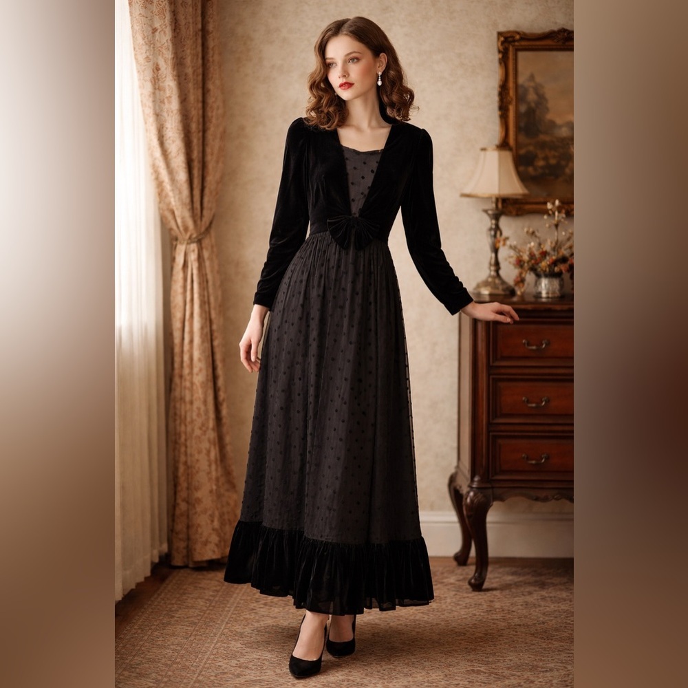 Vintage Lanz Originals 1980’s Taffeta Velvet Polka Dot Maxi Dress Sz10 NWOT